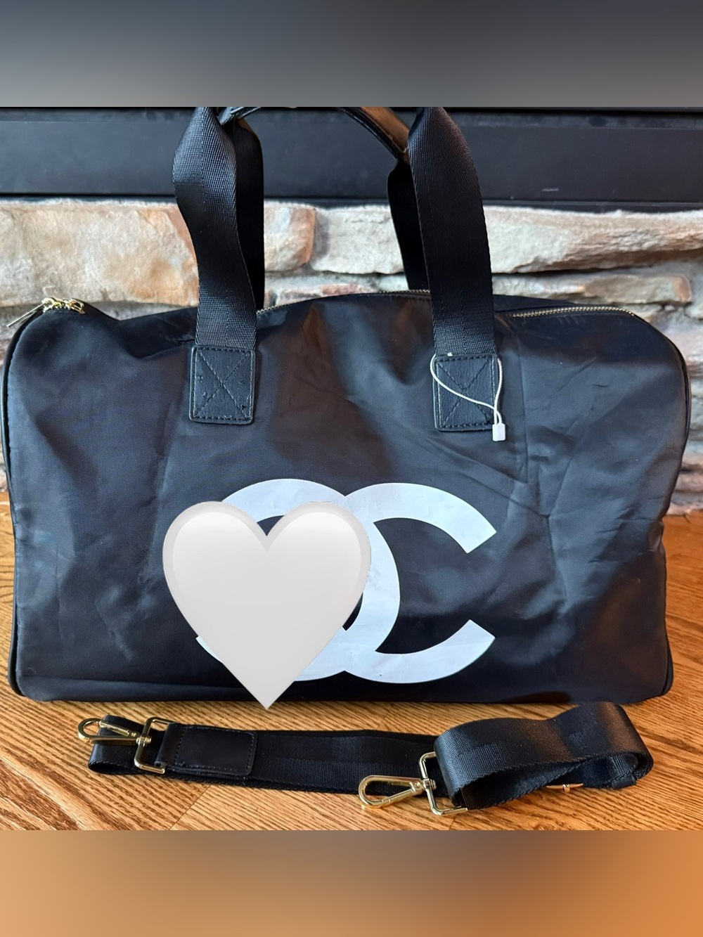 Black Nylon Logo Weekender Duffle Bag with Removable Strap